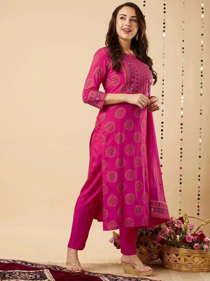 Cotton Kurta Set for Women | Pink Printed Kurti Pant with Dupatta Set - RPD Fashion