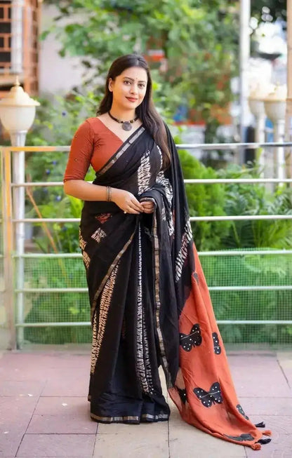 Cotton Saree with Butterfly Print and Mirror Work – 5.5 M Saree with Unstitched Blouse - RPD Fashion