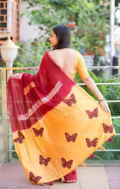 Cotton Saree with Butterfly Print and Mirror Work – 5.5 M Saree with Unstitched Blouse - RPD Fashion