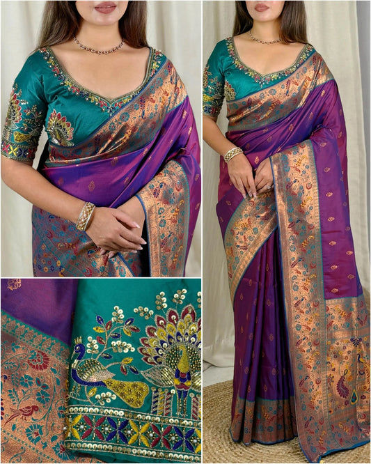 Designer Handwork Blouse with Heavy Minakari Banarasi Saree – Two Blouse Options - RPD Fashion