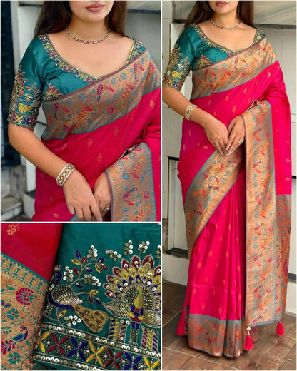 Designer Handwork Blouse with Heavy Minakari Banarasi Saree – Two Blouse Options - RPD Fashion
