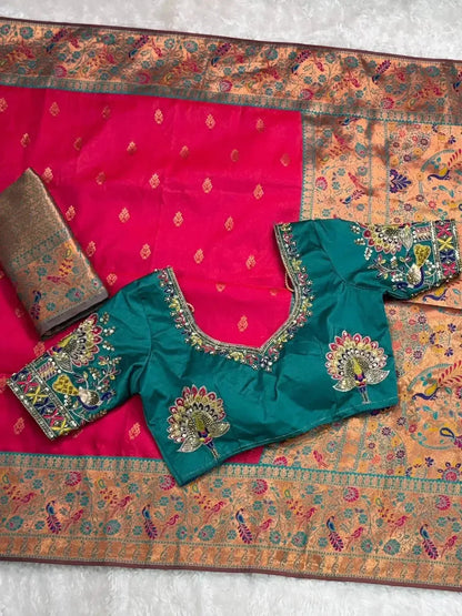 Designer Handwork Blouse with Heavy Minakari Banarasi Saree – Two Blouse Options - RPD Fashion