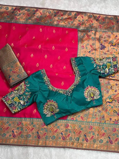 Designer Handwork Blouse with Heavy Minakari Banarasi Saree – Two Blouse Options - RPD Fashion