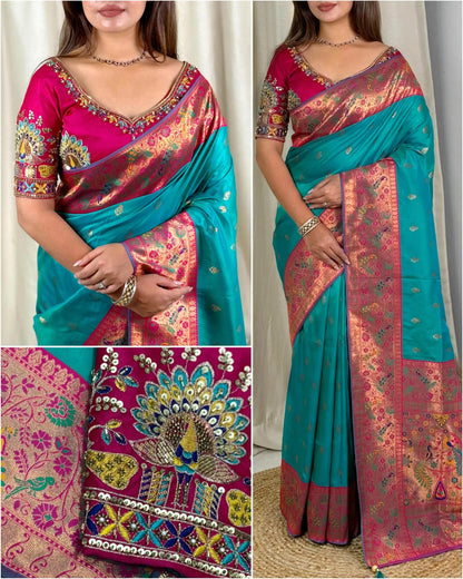 Designer Handwork Blouse with Heavy Minakari Banarasi Saree – Two Blouse Options - RPD Fashion