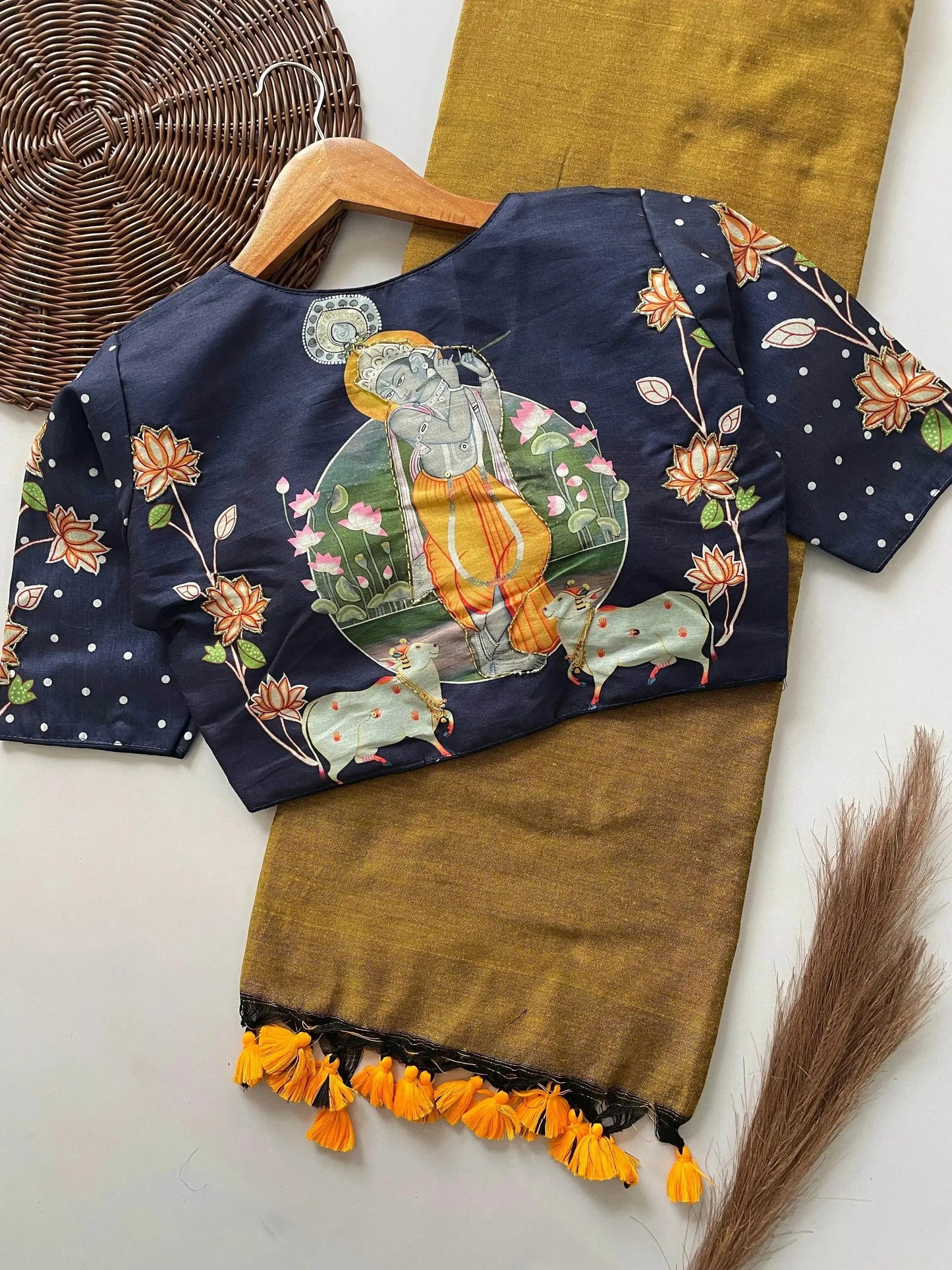 designer handwork crafted blouse with khadi cotton saree - rpd fashion
