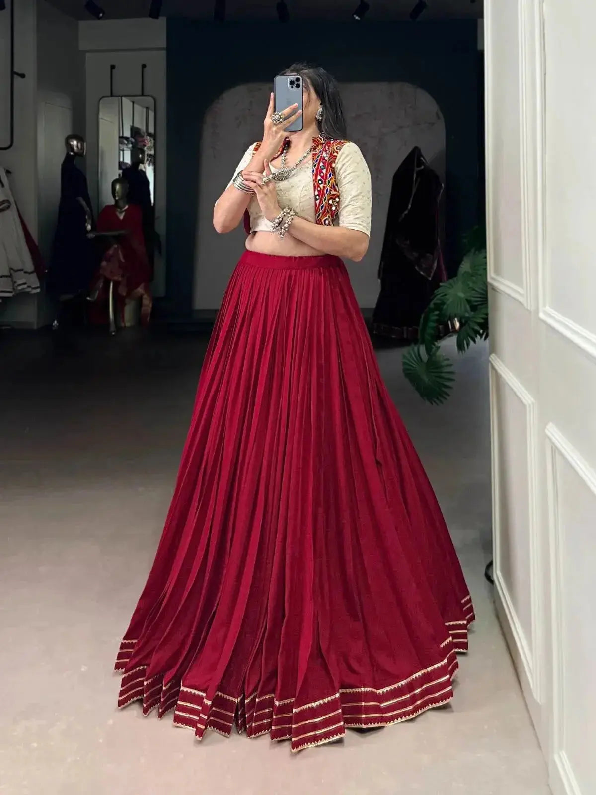 designer maroon lehenga in rayon with khadi cotton blouse - traditional indian wear - rpd fashion