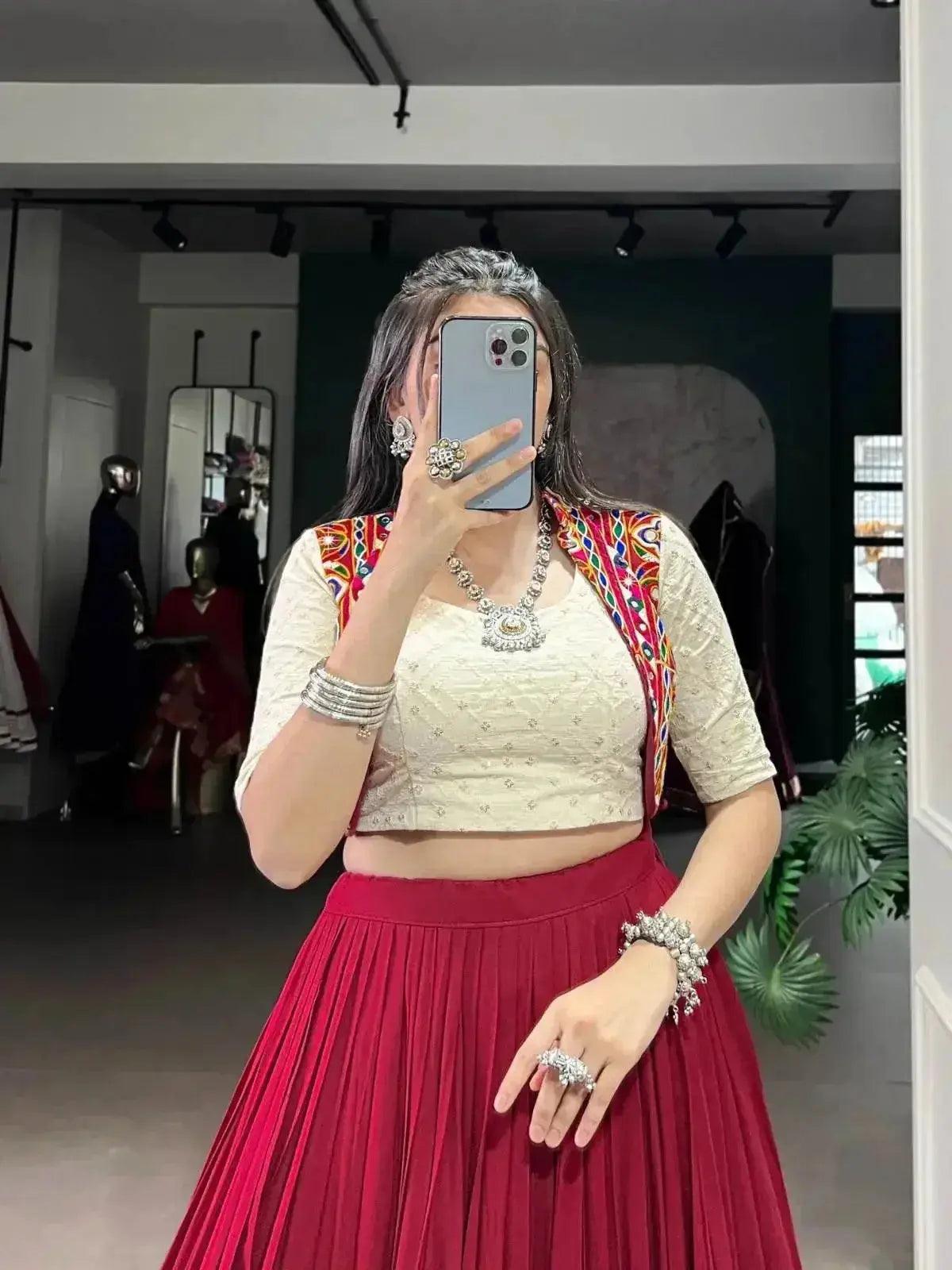 designer maroon lehenga in rayon with khadi cotton blouse - traditional indian wear - rpd fashion