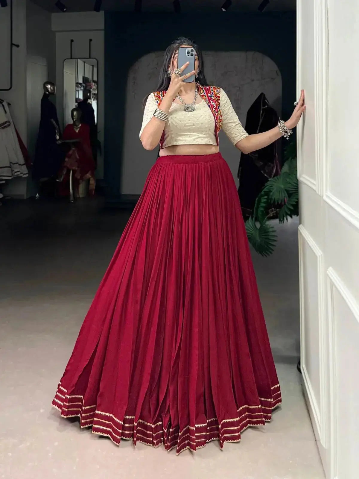 designer maroon lehenga in rayon with khadi cotton blouse - traditional indian wear - rpd fashion