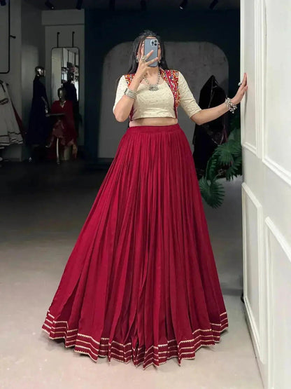 Designer Maroon Lehenga in Rayon With Khadi Cotton Blouse - Traditional Indian Wear - RPD Fashion