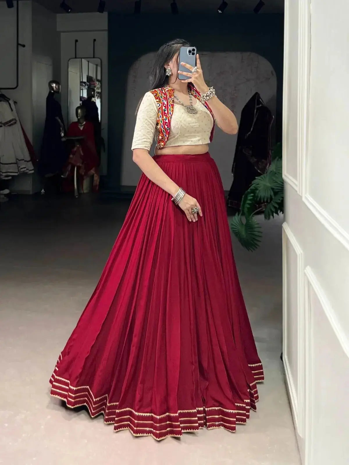 designer maroon lehenga in rayon with khadi cotton blouse - traditional indian wear - rpd fashion