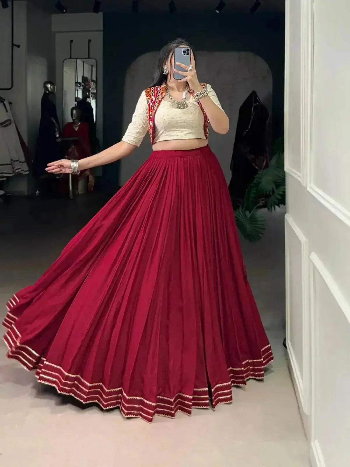 Designer Maroon Lehenga in Rayon With Khadi Cotton Blouse - Traditional Indian Wear - RPD Fashion