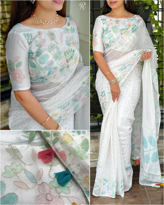 Woman wearing a floral saree