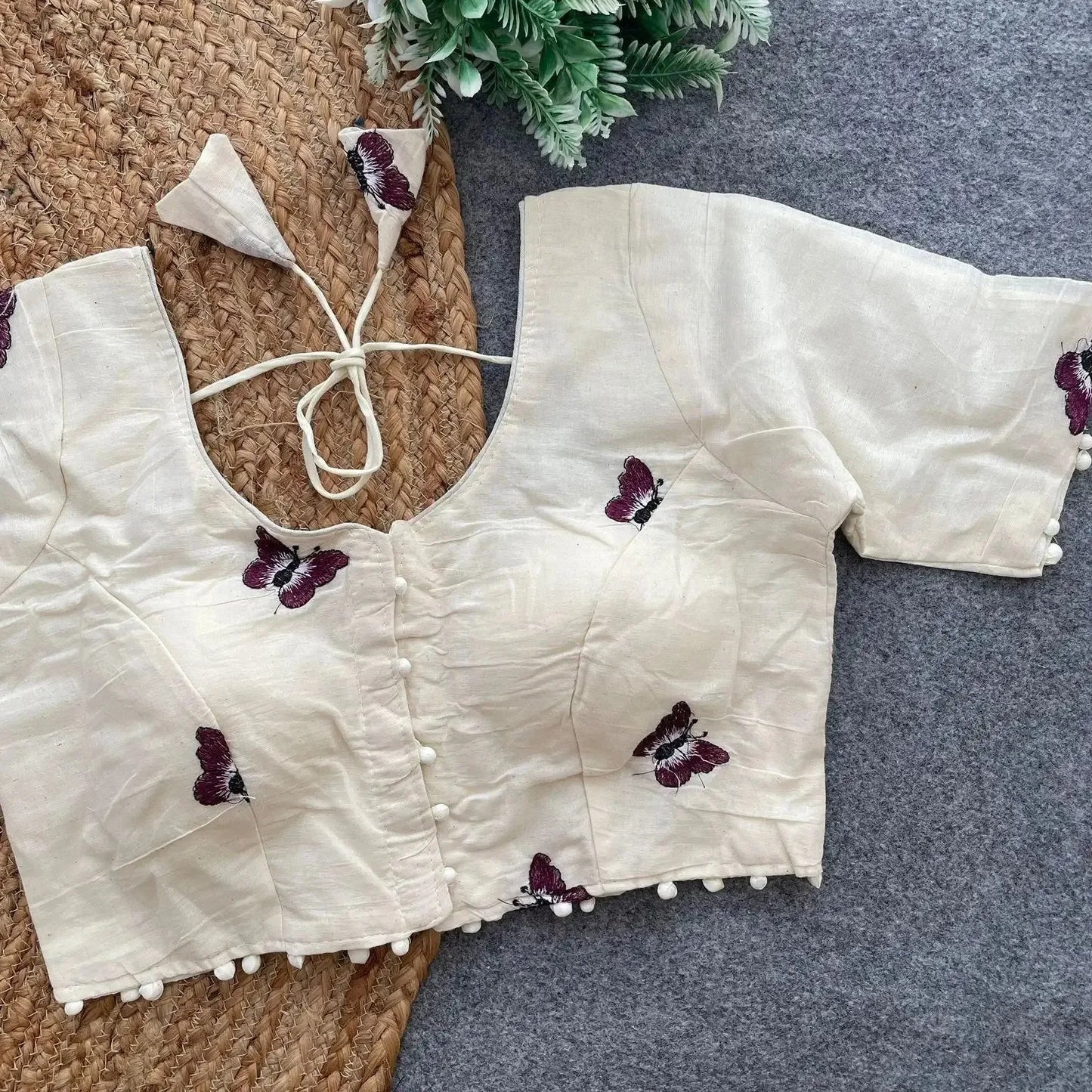 elegant khadi cotton blouse with butterfly embroidery - rpd fashion