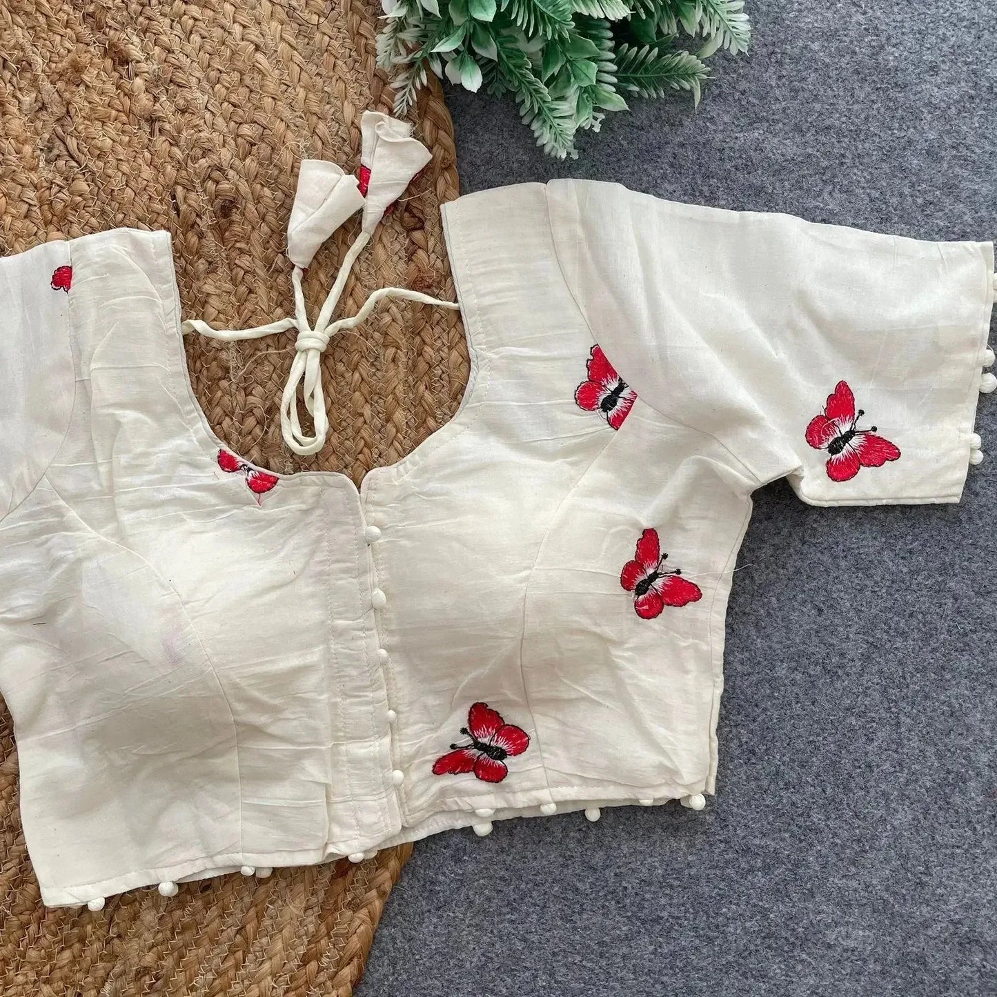 elegant khadi cotton blouse with butterfly embroidery - rpd fashion