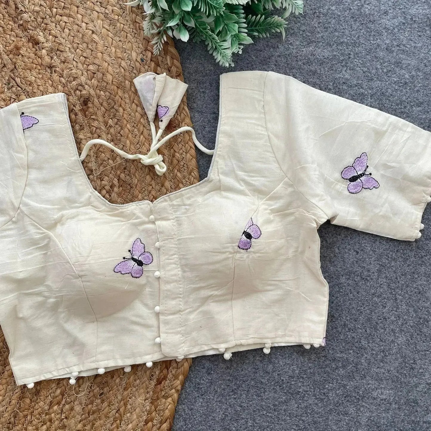 elegant khadi cotton blouse with butterfly embroidery - rpd fashion