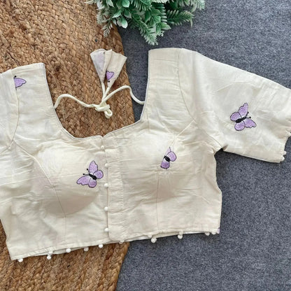 Elegant Khadi Cotton Blouse with Butterfly Embroidery - RPD Fashion