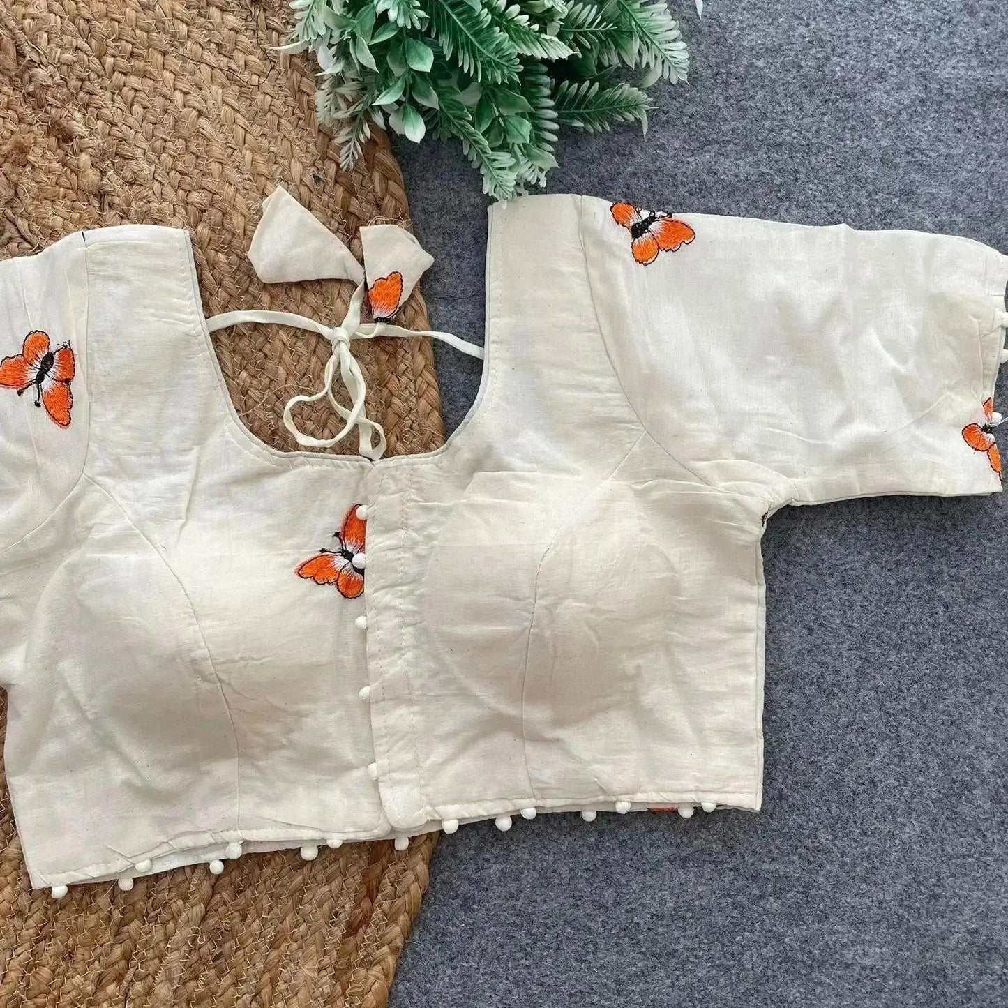 elegant khadi cotton blouse with butterfly embroidery - rpd fashion
