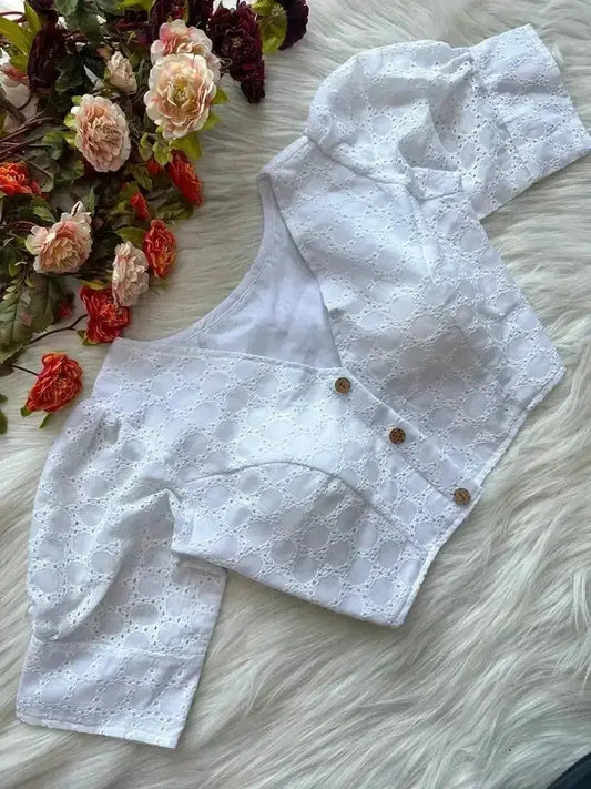 Elegant White Hakoba Blouse for Women | Soft Cotton Designer Readymade Blouse - RPD Fashion