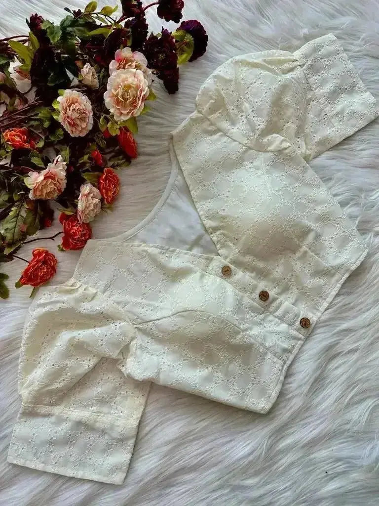 elegant white hakoba blouse for women | soft cotton designer readymade blouse - rpd fashion