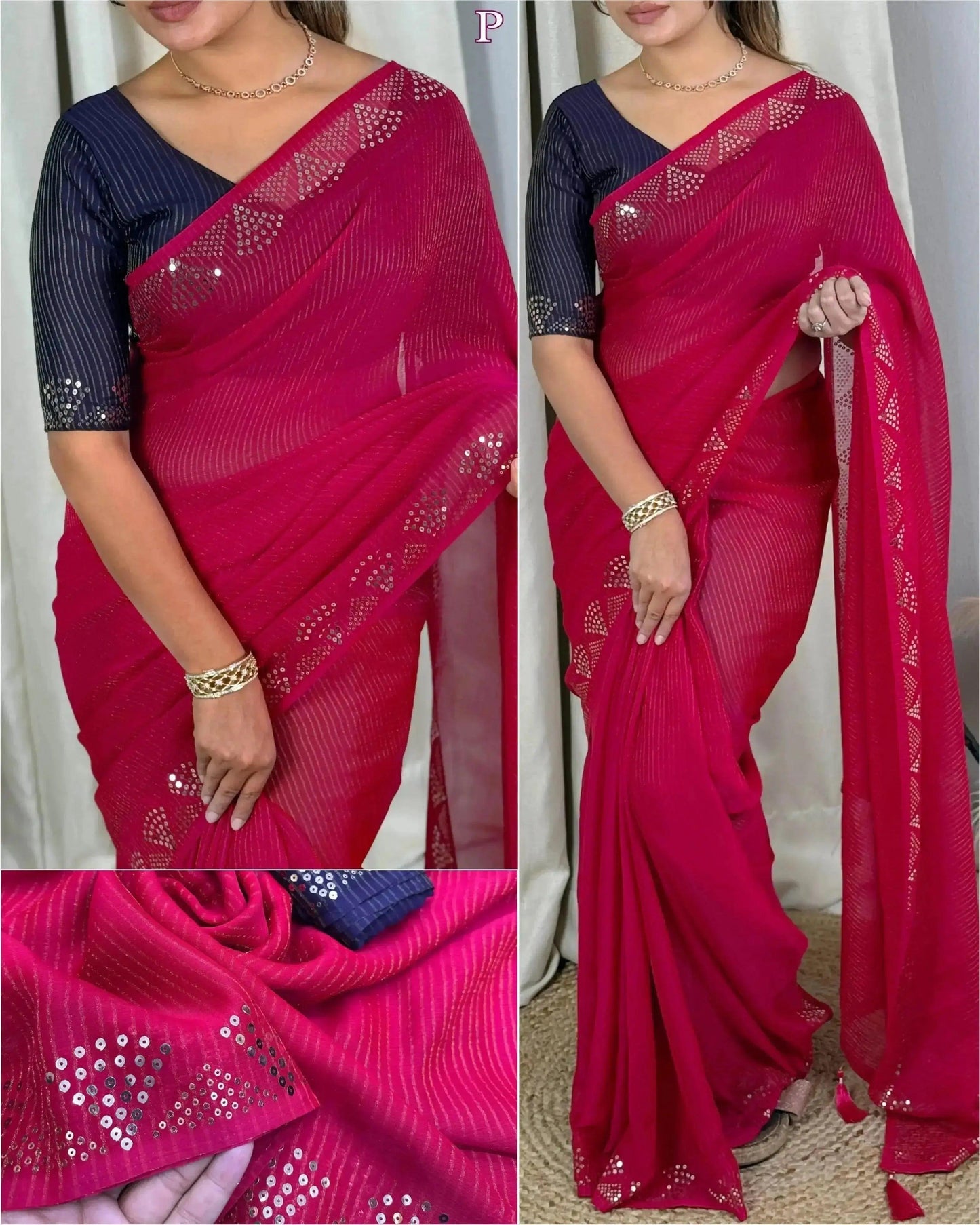 elegant zari weaving sequins work georgette saree with blouse - rpd fashion