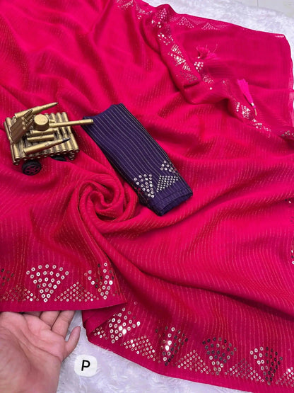 Elegant Zari Weaving Sequins Work Georgette Saree with Blouse - RPD Fashion