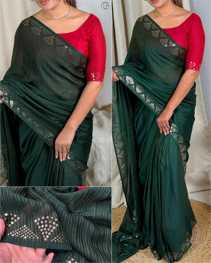 Elegant Zari Weaving Sequins Work Georgette Saree with Blouse - RPD Fashion