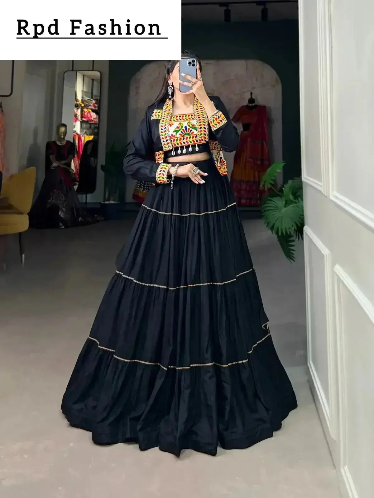 Elevate Your Navratri Style with our Exquisite Plain Pure Rayon Lehenga and Intricately Embroidered Gamthi Work Koti - A Perfect 3-Piece Ensemble - RPD Fashion