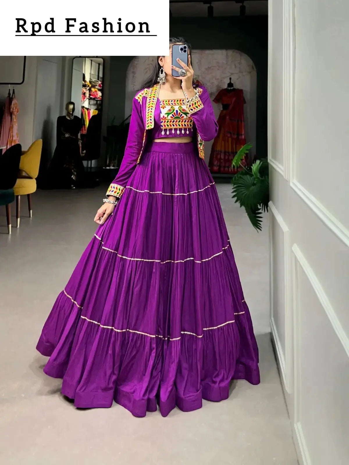 elevate your navratri style with our exquisite plain pure rayon lehenga and intricately embroidered gamthi work koti - a perfect 3-piece ensemble - rpd fashion