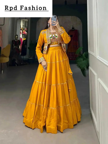 Elevate Your Navratri Style with our Exquisite Plain Pure Rayon Lehenga and Intricately Embroidered Gamthi Work Koti - A Perfect 3-Piece Ensemble - RPD Fashion