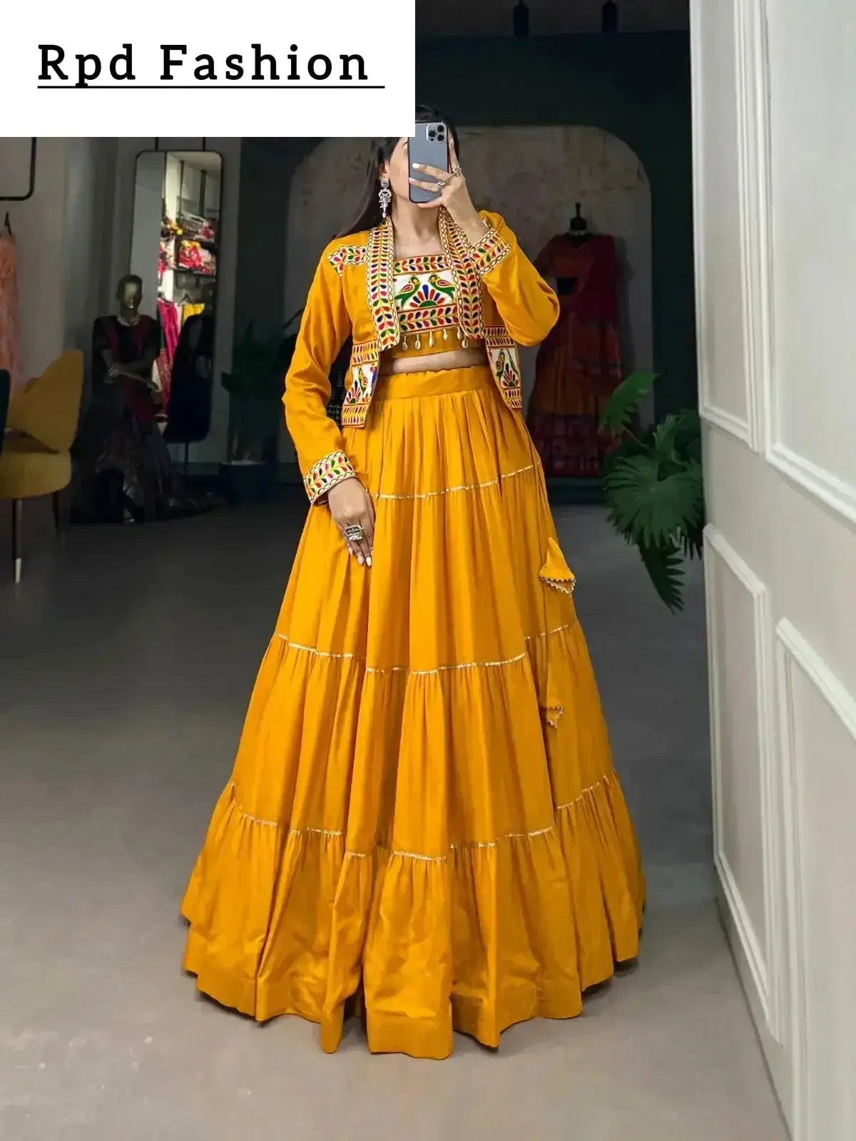 elevate your navratri style with our exquisite plain pure rayon lehenga and intricately embroidered gamthi work koti - a perfect 3-piece ensemble - rpd fashion