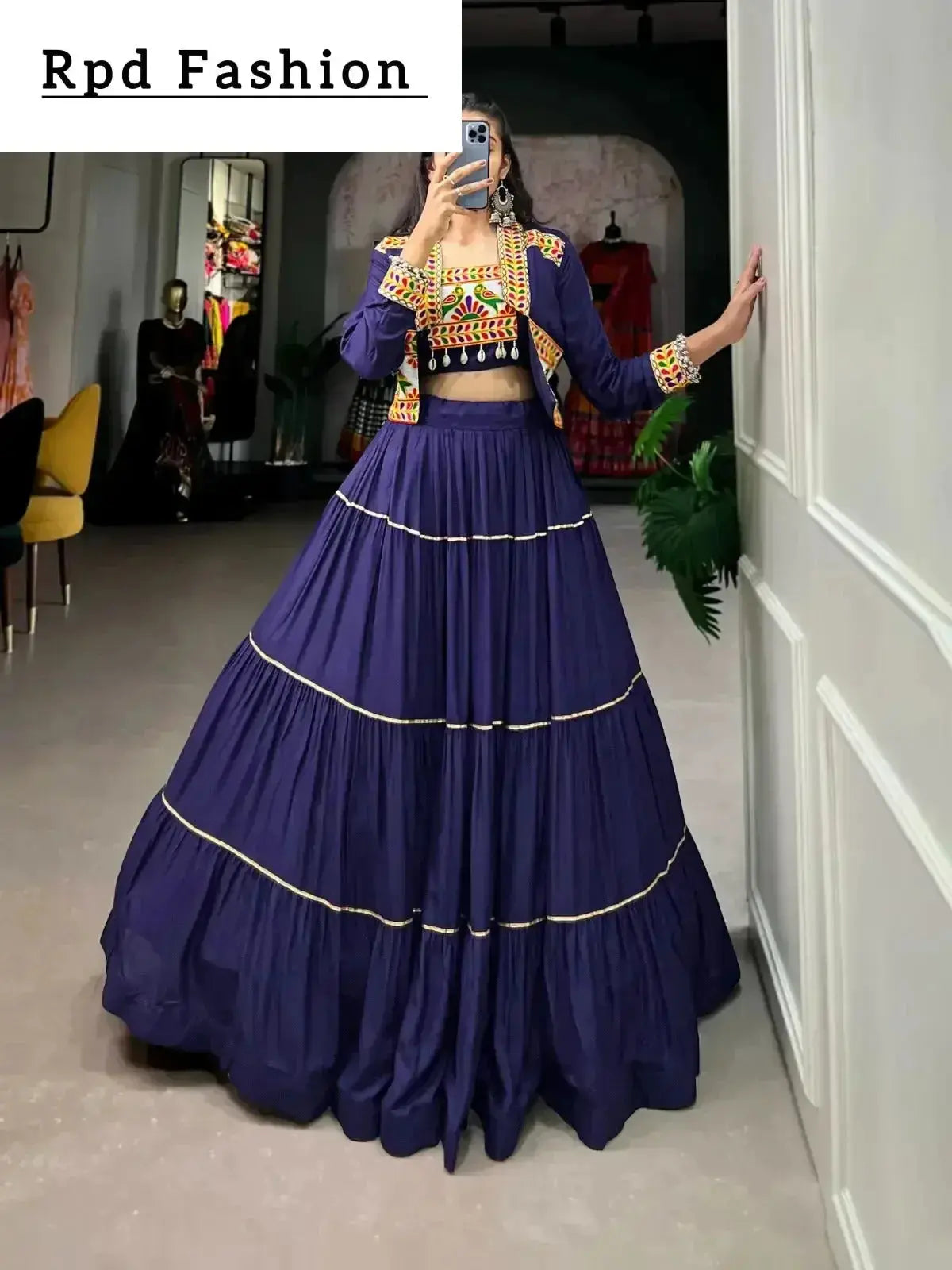 elevate your navratri style with our exquisite plain pure rayon lehenga and intricately embroidered gamthi work koti - a perfect 3-piece ensemble - rpd fashion