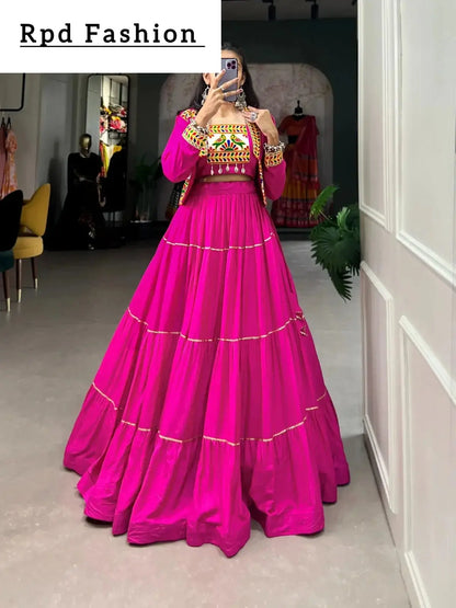 Elevate Your Navratri Style with our Exquisite Plain Pure Rayon Lehenga and Intricately Embroidered Gamthi Work Koti - A Perfect 3-Piece Ensemble - RPD Fashion