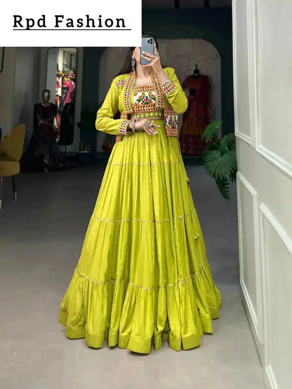Elevate Your Navratri Style with our Exquisite Plain Pure Rayon Lehenga and Intricately Embroidered Gamthi Work Koti - A Perfect 3-Piece Ensemble - RPD Fashion