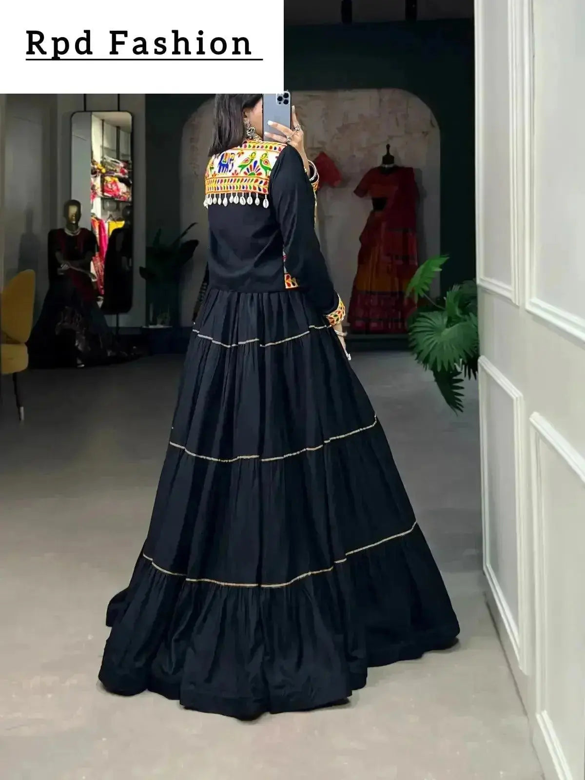 Elevate Your Navratri Style with our Exquisite Plain Pure Rayon Lehenga and Intricately Embroidered Gamthi Work Koti - A Perfect 3-Piece Ensemble - RPD Fashion