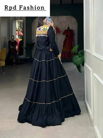 Elevate Your Navratri Style with our Exquisite Plain Pure Rayon Lehenga and Intricately Embroidered Gamthi Work Koti - A Perfect 3-Piece Ensemble - RPD Fashion