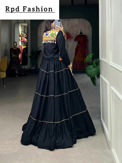 Elevate Your Navratri Style with our Exquisite Plain Pure Rayon Lehenga and Intricately Embroidered Gamthi Work Koti - A Perfect 3-Piece Ensemble - RPD Fashion