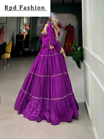 Elevate Your Navratri Style with our Exquisite Plain Pure Rayon Lehenga and Intricately Embroidered Gamthi Work Koti - A Perfect 3-Piece Ensemble - RPD Fashion