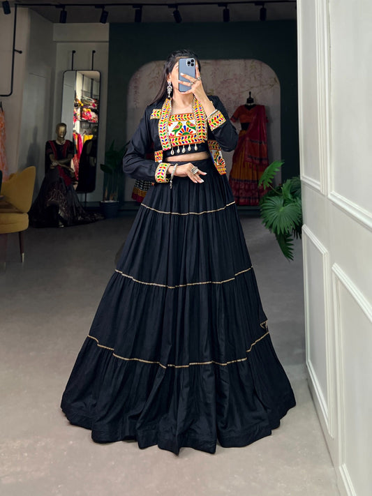 Elevate Your Navratri Style with our Exquisite Plain Pure Rayon Lehenga and Intricately Embroidered Gamthi Work Koti - A Perfect 3-Piece Ensemble Rpd Fashion