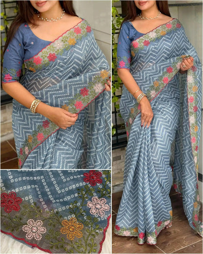Embroidered Work Saree with Zari Border - Elegance Redefined - RPD Fashion
