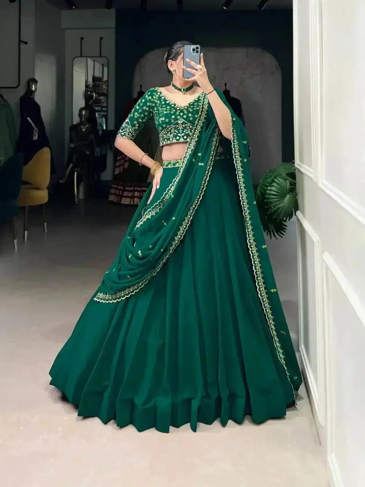 Green Plain Georgette A Line Lehenga Choli - RPD Fashion