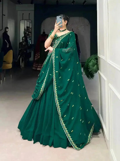 Green Plain Georgette A Line Lehenga Choli - RPD Fashion