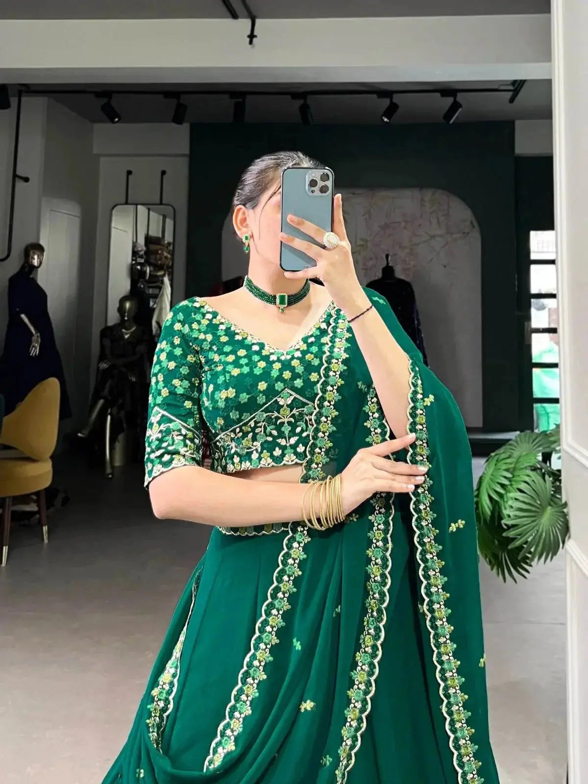 green plain georgette a line lehenga choli - rpd fashion