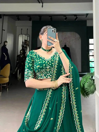 Green Plain Georgette A Line Lehenga Choli - RPD Fashion