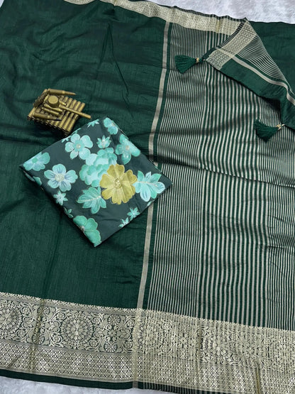 Green saree with floral patterns and gold border - RPD Fashion