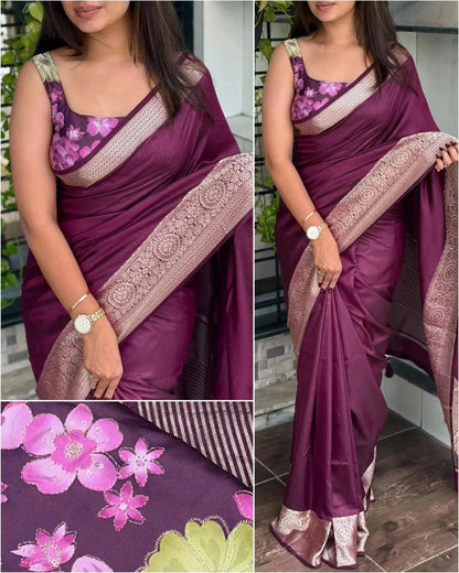 Green saree with floral patterns and gold border - RPD Fashion