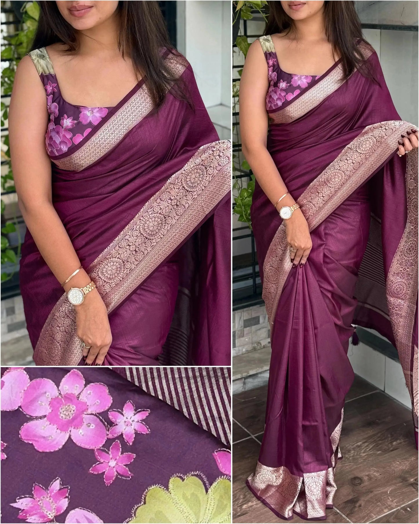 green saree with floral patterns and gold border - rpd fashion