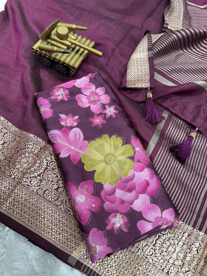 Green saree with floral patterns and gold border - RPD Fashion