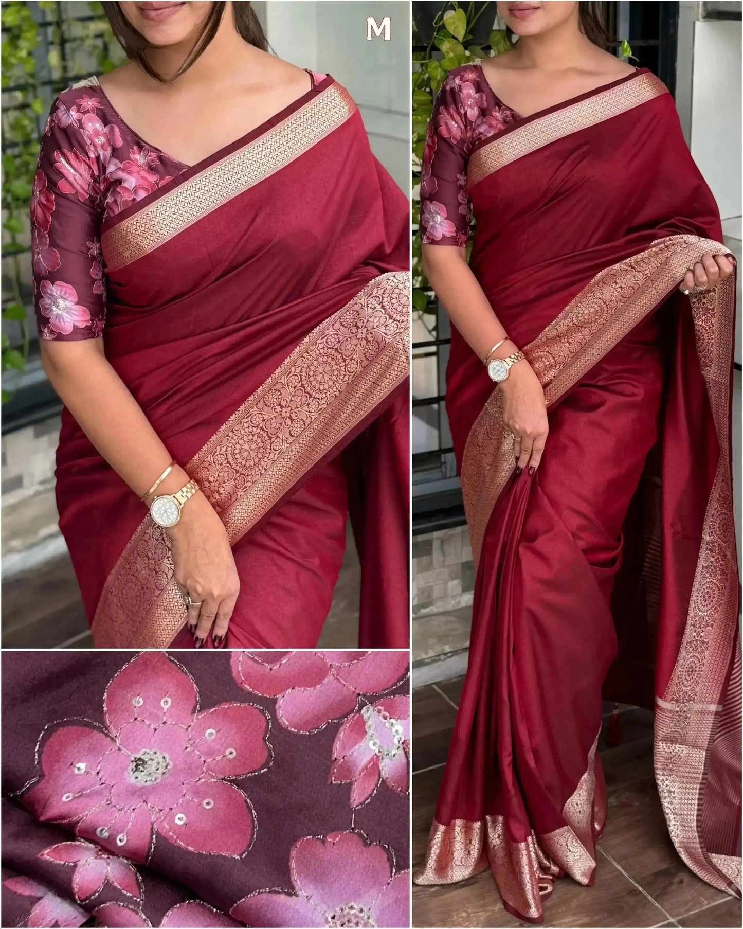 green saree with floral patterns and gold border - rpd fashion