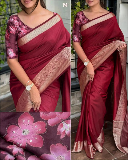 Green saree with floral patterns and gold border - RPD Fashion
