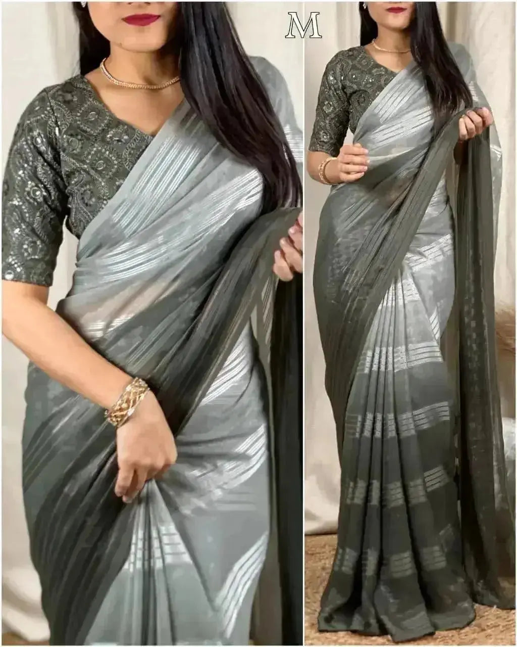Grey Green Georgette Sarees for Women – Elegant Party Wear Collection - RPD Fashion
